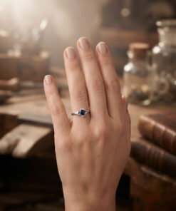 925 Sterling Silver Flower Ring with Lab Sapphire, Size K~L3