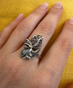 Vintage Soviet Ukrainian Sterling Silver Floral Filigree Ring, 925 Silver, Size R (v1)