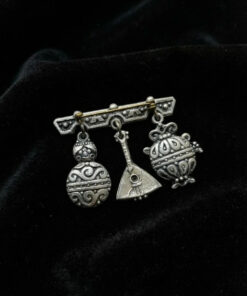 Vintage Soviet Russian Folk Charm Brooch Matryoshka,Balalaika & Samovar Dangles,USSR 60s
