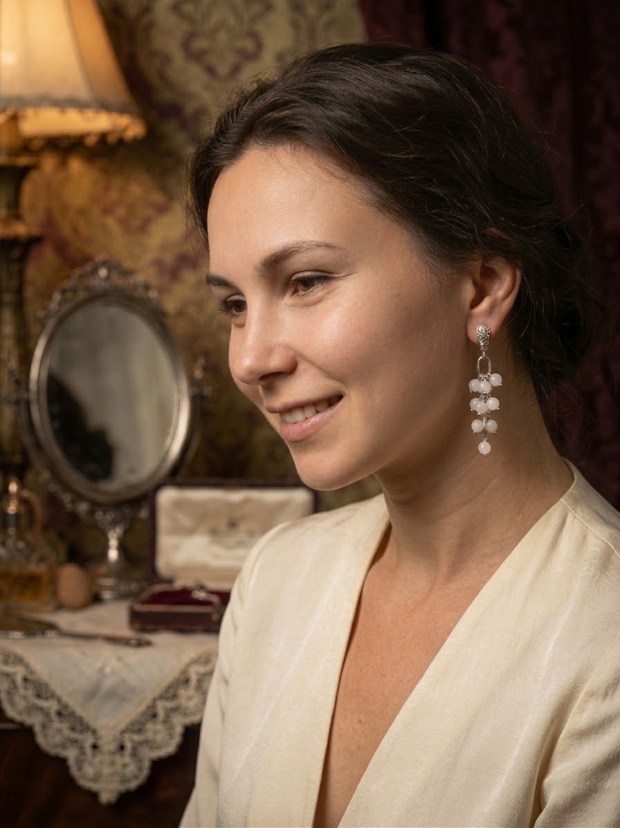 Natural Milky Quartz Beaded Silver
Earrings