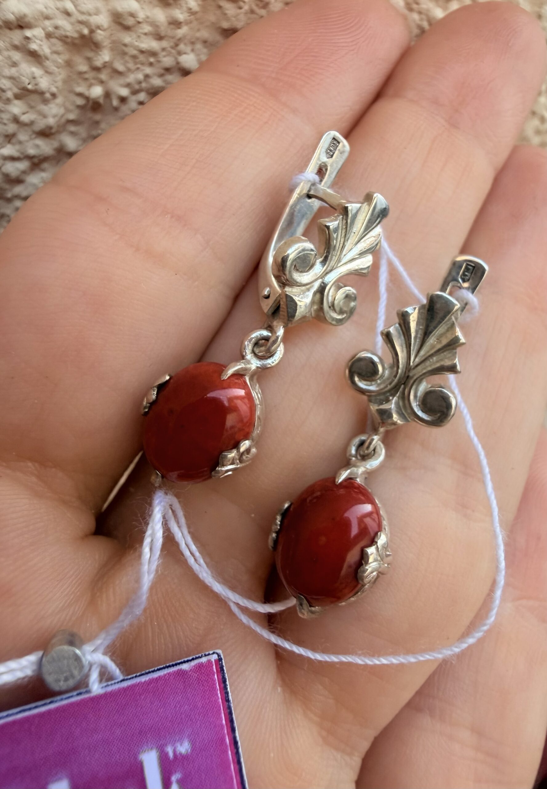 New Silver Earrings with Natural Coral ~200 image 3