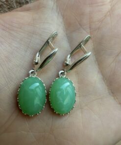 Sterling Silver Vintage Earrings with Natural Green Chrysoprase Cabochons ~200