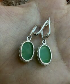 Sterling Silver Vintage Earrings with Natural Green Chrysoprase Cabochons ~200