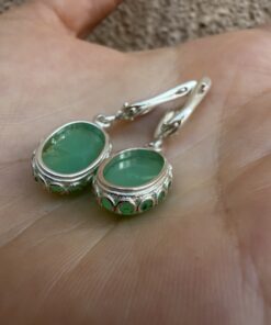 Sterling Silver Vintage Earrings with Natural Green Chrysoprase Cabochons ~200
