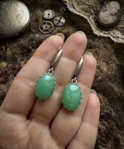 Sterling Silver Vintage Earrings with Natural Green Chrysoprase Cabochons ~200