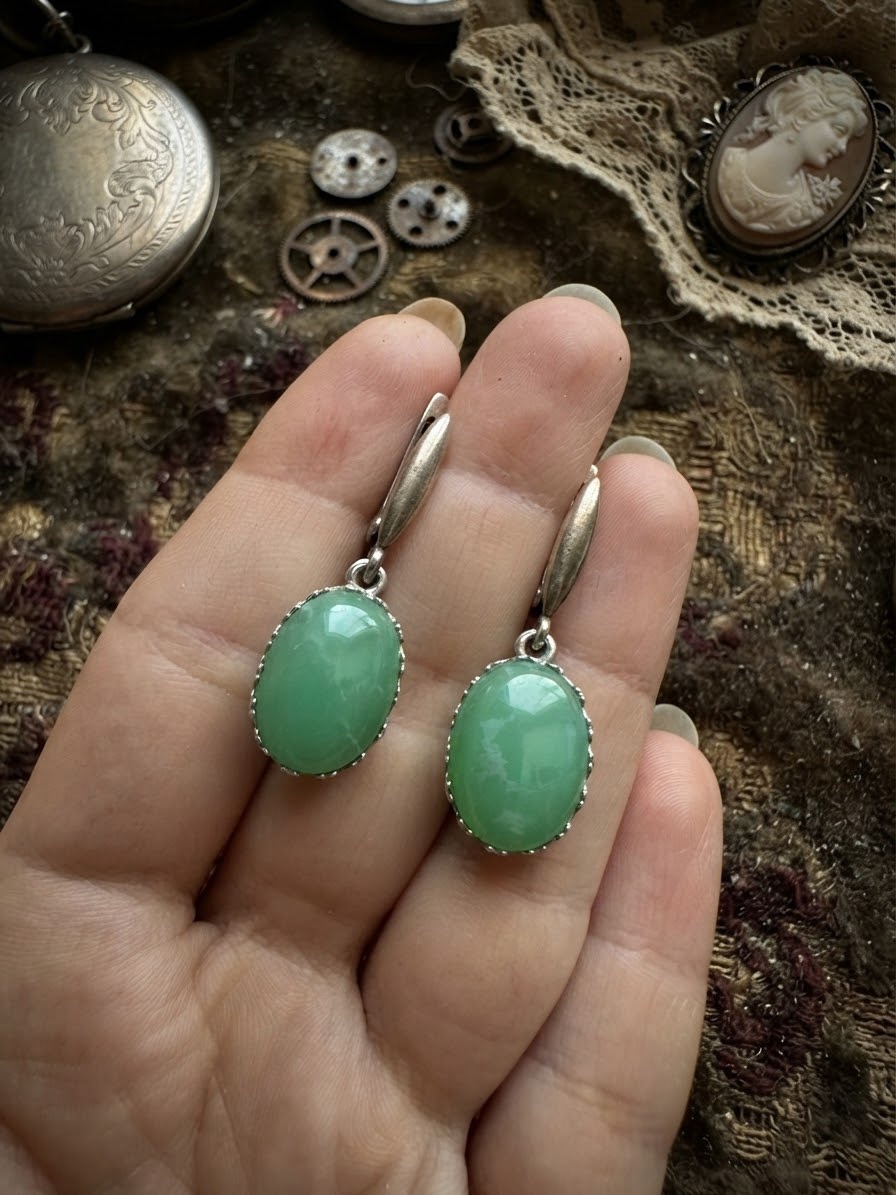 Sterling Silver Vintage Earrings with Natural Green Chrysoprase Cabochons ~200