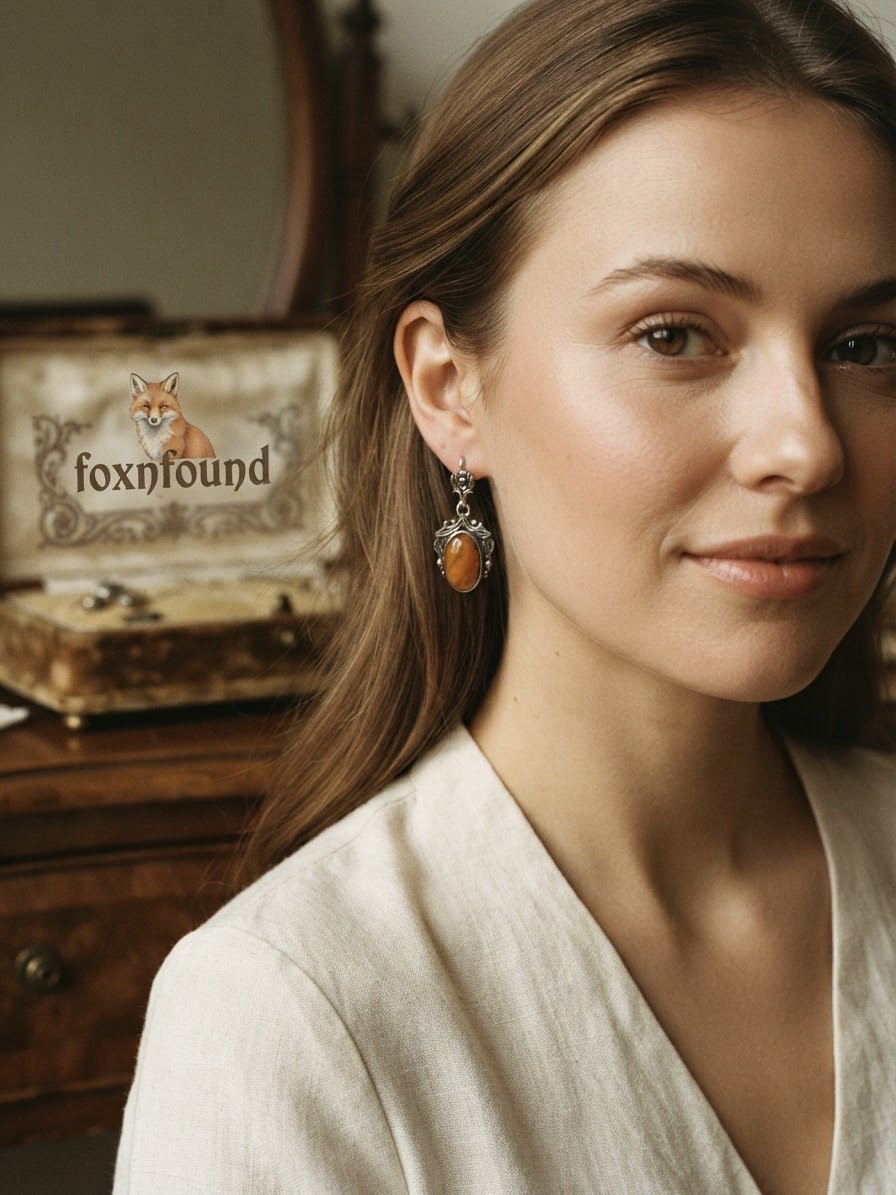 Vintage Soviet Sterling Silver Long Earrings with Baltic Amber — Retro Statement Jewelry~200