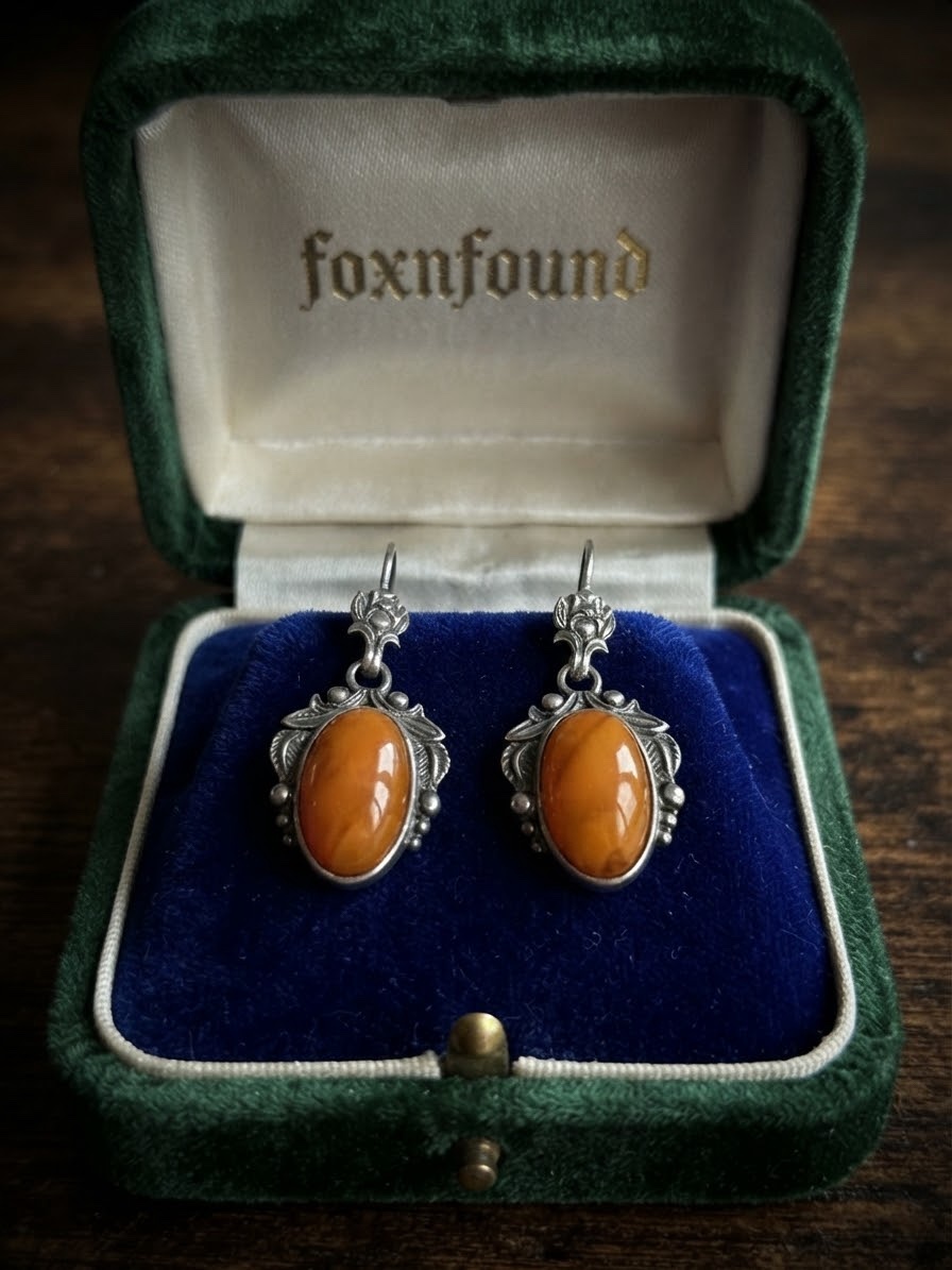 Vintage Soviet Sterling Silver Long Earrings with Baltic Amber — Retro Statement Jewelry~200