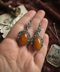 Vintage Soviet Sterling Silver Long Earrings with Baltic Amber — Retro Statement Jewelry~200