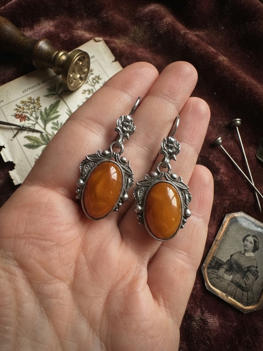 Vintage Soviet Sterling Silver Long Earrings with Baltic Amber — Retro Statement Jewelry~200