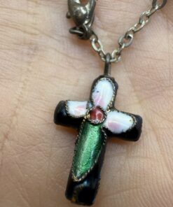 Vintage Cloisonné Enamel Rosary Bracelet Black Floral Beads Cross
