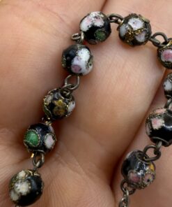 Vintage Cloisonné Enamel Rosary Bracelet Black Floral Beads Cross