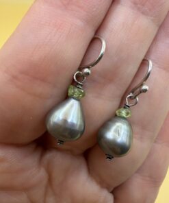Sterling Silver 925 Baroque Pearl & Peridot Drop Earrings — Grey Pearl Hook Earrings~207