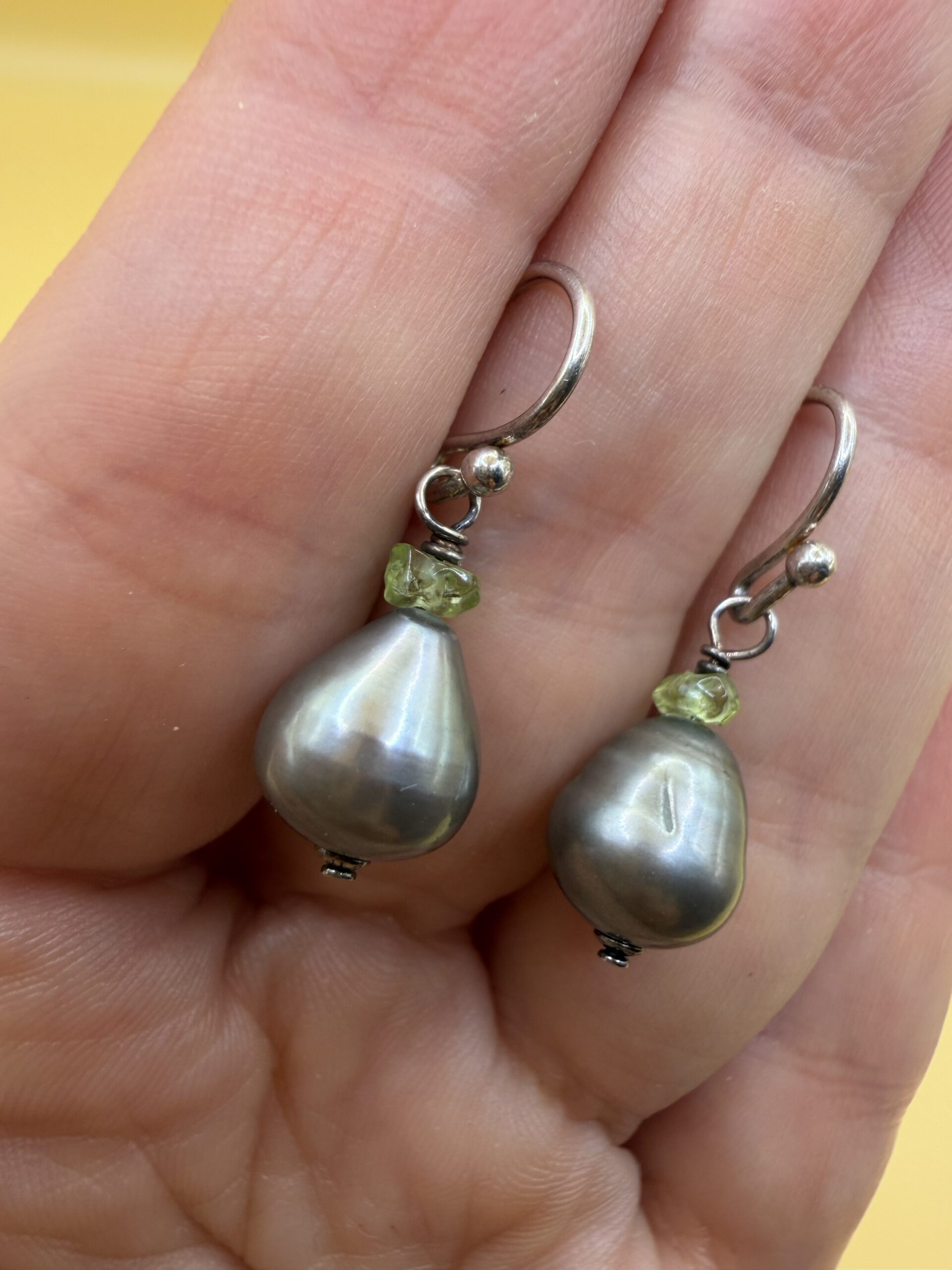 Sterling Silver 925 Baroque Pearl & Peridot Drop Earrings — Grey Pearl Hook Earrings~207