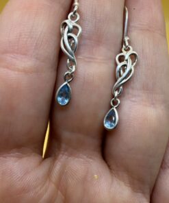 Sterling Silver 925 Art Nouveau Celtic Knot Drop Earrings — Blue Topaz Style Pear Stones~207