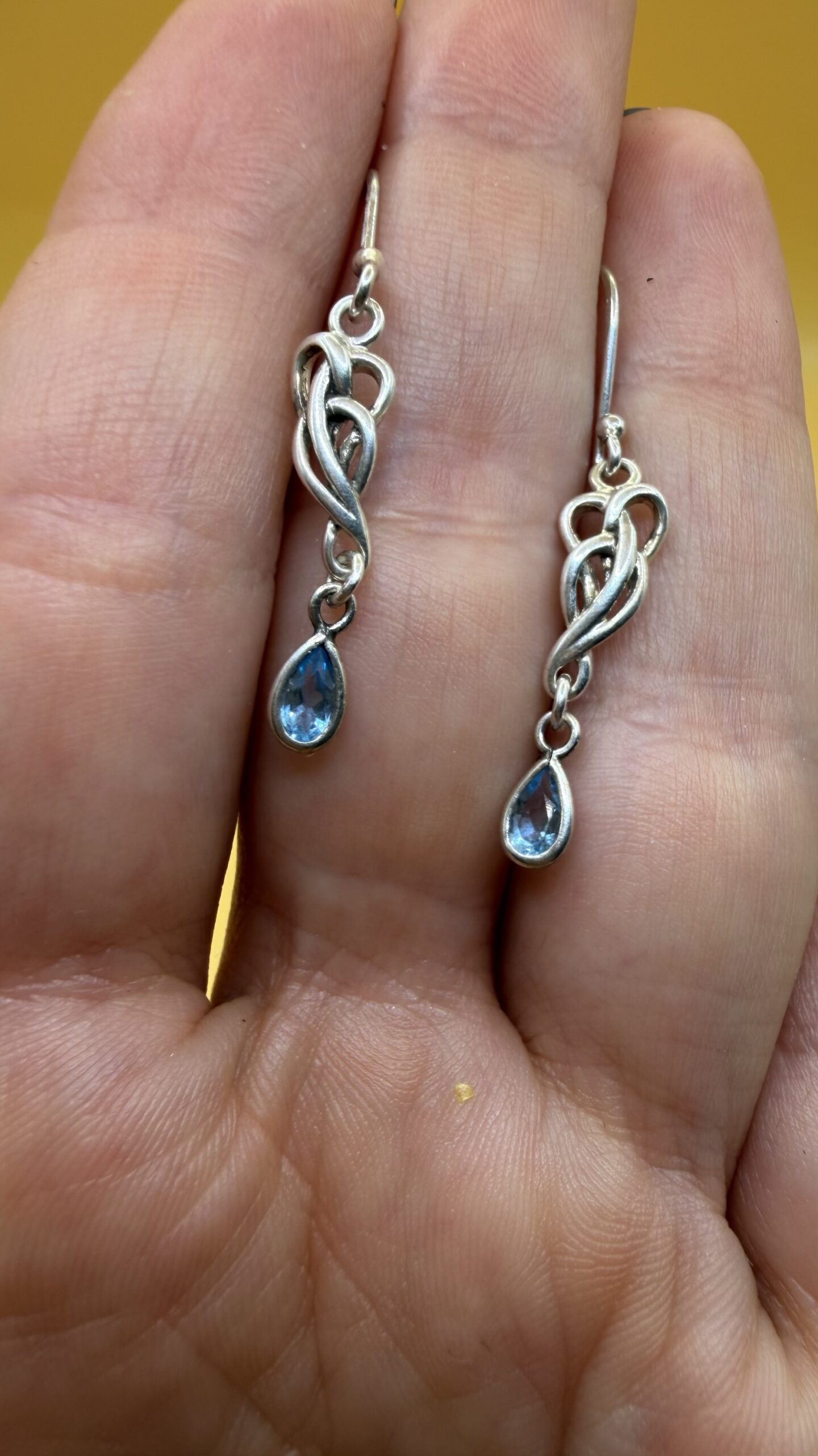 Sterling Silver 925 Art Nouveau Celtic Knot Drop Earrings — Blue Topaz Style Pear Stones~207