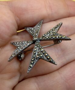 Vintage Sterling Silver Marcasite Maltese Cross Brooch — Art Deco Style, c. 1940s~207