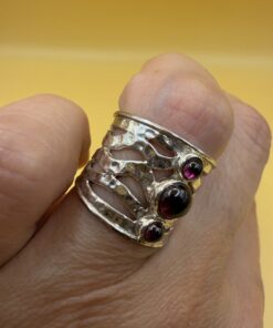 Handcrafted Wide Sterling Silver Ring with Natural Garnet Cabochons, UK Size K (US 5.25)~206