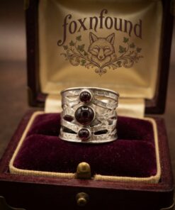 Handcrafted Wide Sterling Silver Ring with Natural Garnet Cabochons, UK Size K (US 5.25)~206