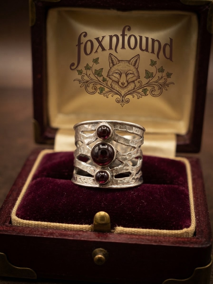 Handcrafted Wide Sterling Silver Ring with Natural Garnet Cabochons, UK Size K (US 5.25)~206 image 3