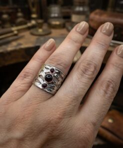 Handcrafted Wide Sterling Silver Ring with Natural Garnet Cabochons, UK Size K (US 5.25)~206