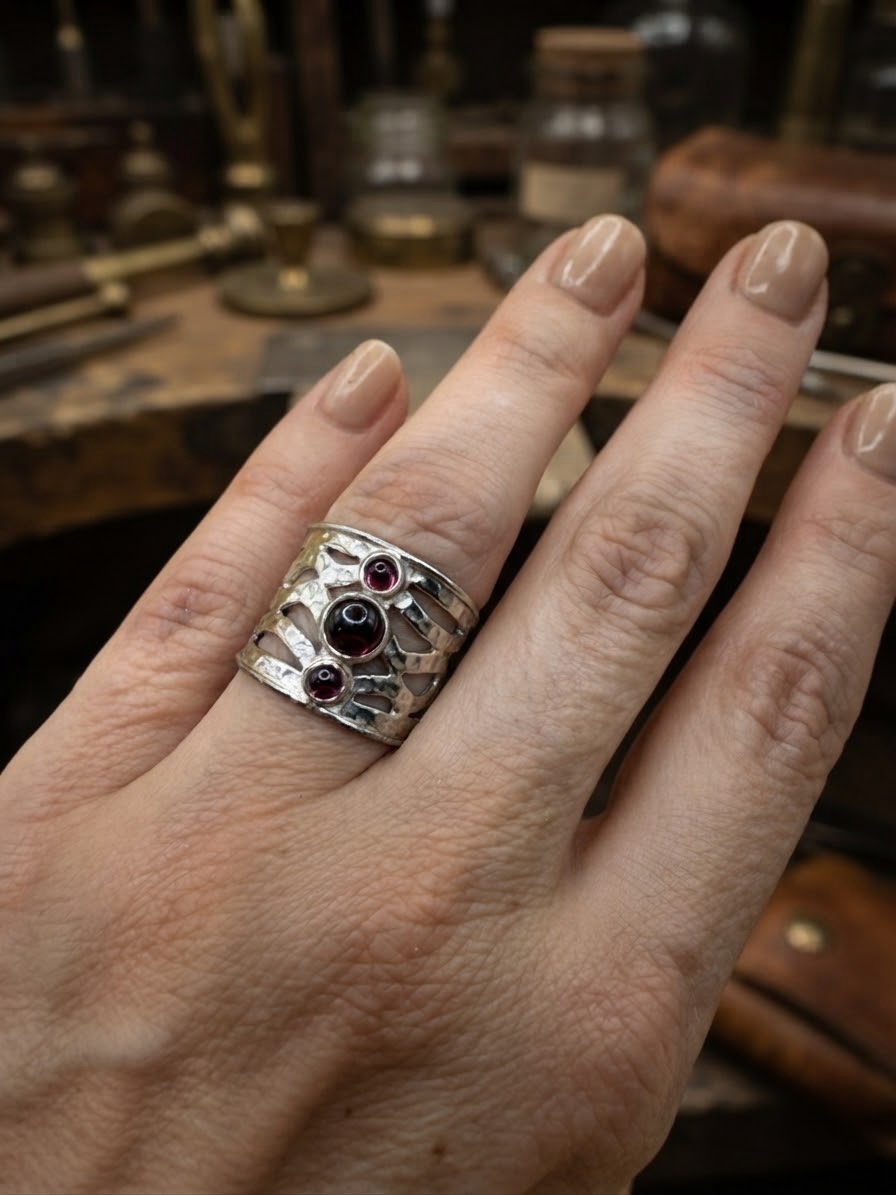 Handcrafted Wide Sterling Silver Ring with Natural Garnet Cabochons, UK Size K (US 5.25)~206 image 2