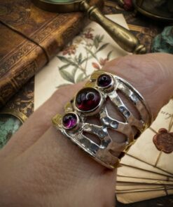 Handcrafted Wide Sterling Silver Ring with Natural Garnet Cabochons, UK Size K (US 5.25)~206
