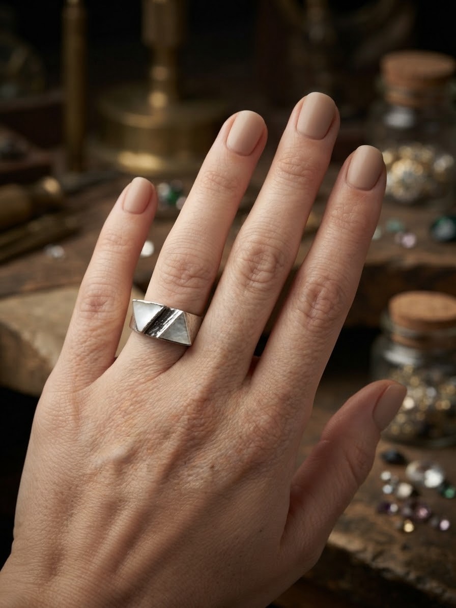 Vintage Modernist Sterling Silver Double Triangle Ring – Mother of Pearl – UK Size L / US 5¾~206