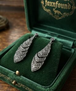 Art Deco Style Sterling Silver 925 Marcasite Feather Drop Earrings 10.2g~207
