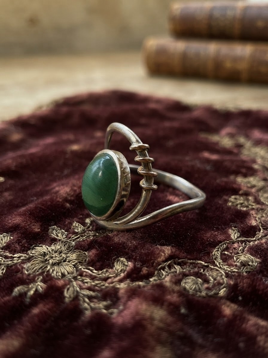 Sterling Silver 925 & 9ct Gold Chrysoprase Cabochon Ring Spiral Modernist Size R US 8.5~208