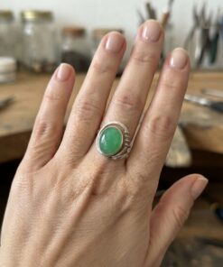 Sterling Silver 925 & 9ct Gold Chrysoprase Cabochon Ring Spiral Modernist Size R US 8.5~208
