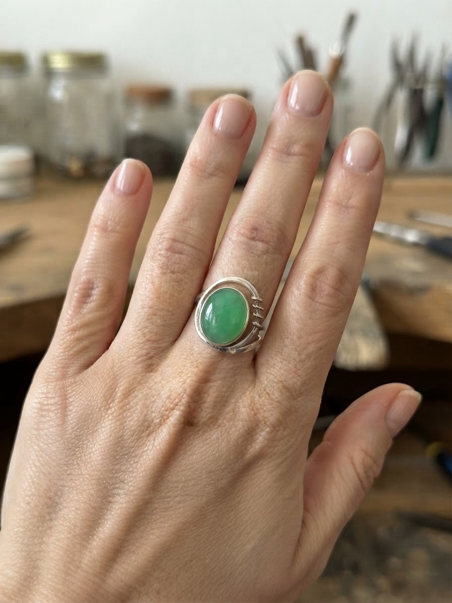 Sterling Silver 925 & 9ct Gold Chrysoprase Cabochon Ring Spiral Modernist Size R US 8.5~208