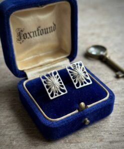 Sterling Silver 925 Square Openwork Earrings Textured Starburst Clear Stone
~208