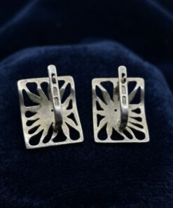Sterling Silver 925 Square Openwork Earrings Textured Starburst Clear Stone
~208