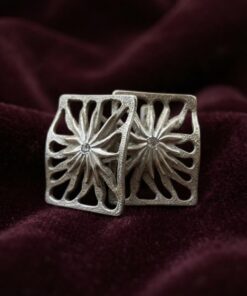 Sterling Silver 925 Square Openwork Earrings Textured Starburst Clear Stone
~208
