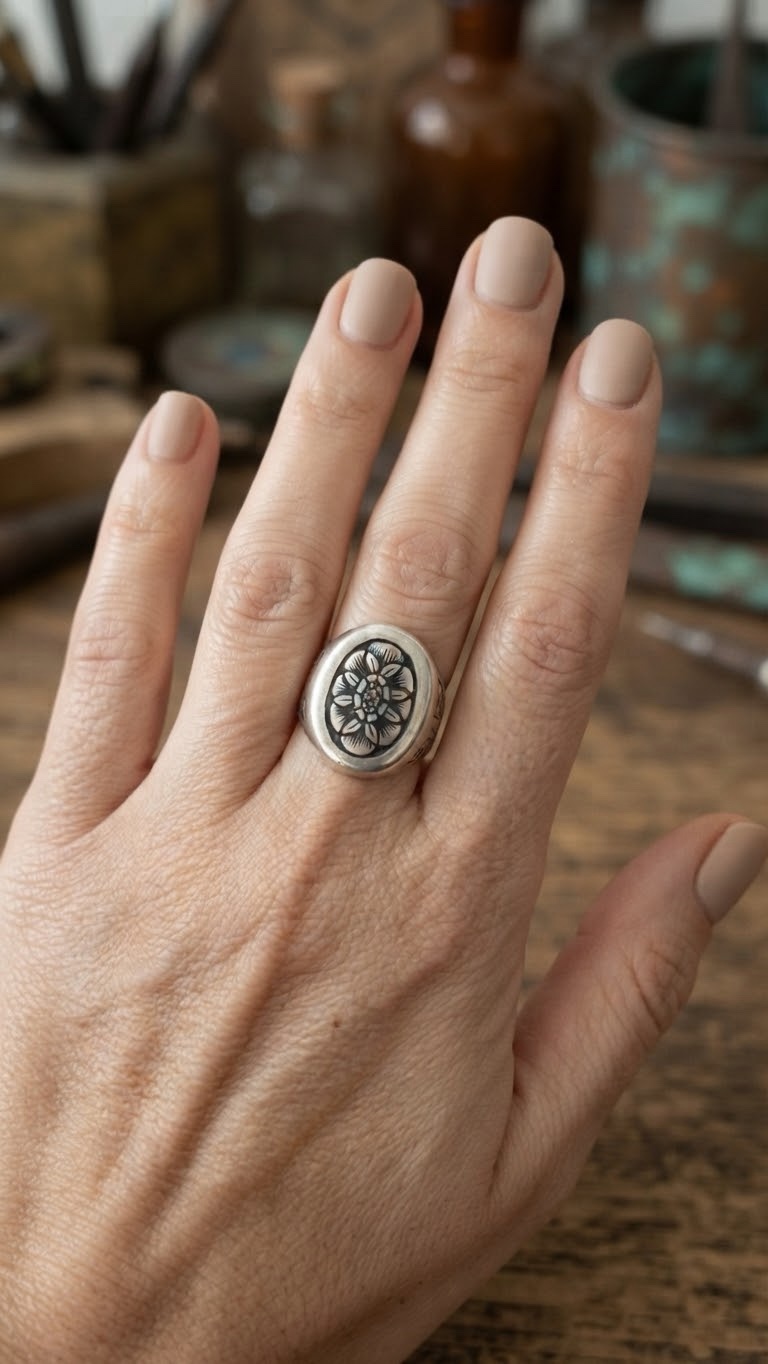 Vintage Soviet 875 Silver Niello Signet Ring Floral Engraved USSR UK Size M~208