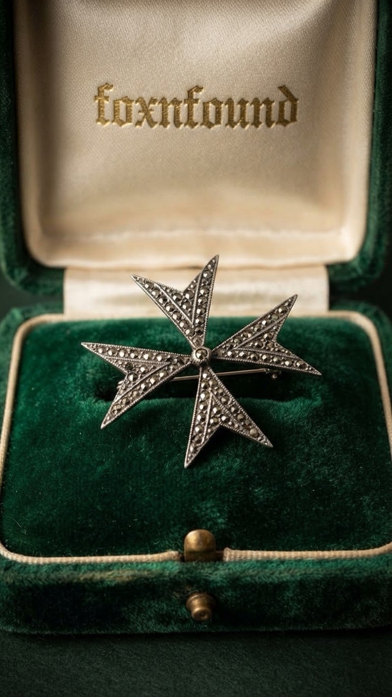 Vintage Sterling Silver Marcasite Maltese Cross Brooch — Art Deco Style, c. 1940s~207