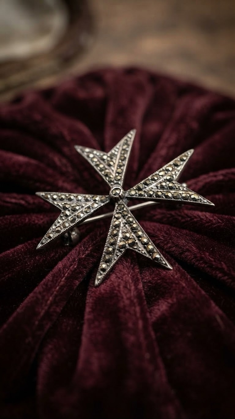 Vintage Sterling Silver Marcasite Maltese Cross Brooch — Art Deco Style, c. 1940s~207