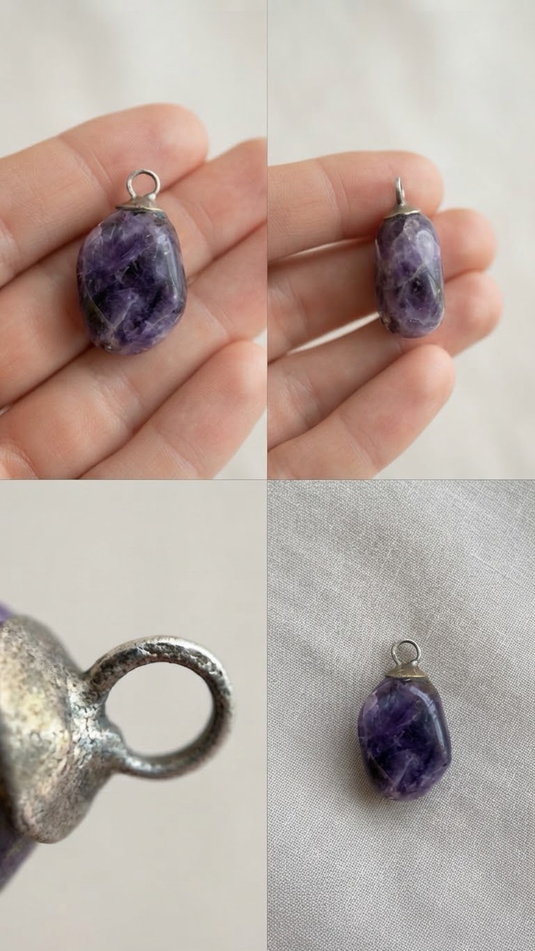 Vintage Amethyst Pendant | Purple Crystal Charm, Silver Bail image 3