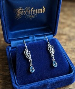 Sterling Silver 925 Art Nouveau Celtic Knot Drop Earrings — Blue Topaz Style Pear Stones~207