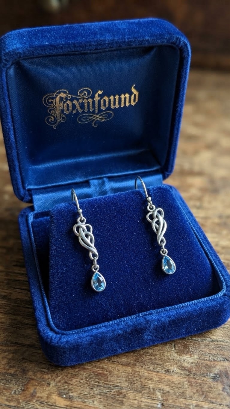 Sterling Silver 925 Art Nouveau Celtic Knot Drop Earrings — Blue Topaz Style Pear Stones~207