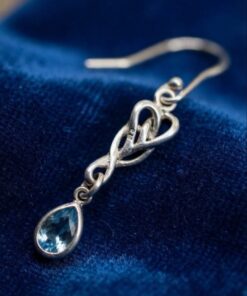 Sterling Silver 925 Art Nouveau Celtic Knot Drop Earrings — Blue Topaz Style Pear Stones~207