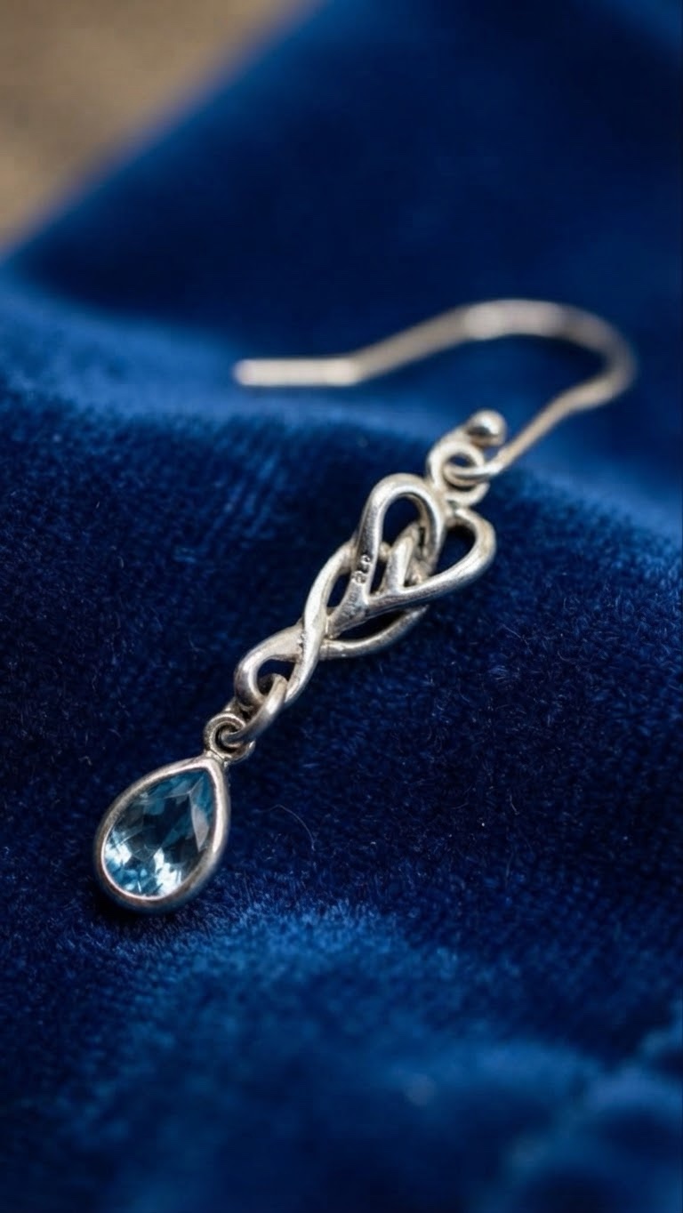 Sterling Silver 925 Art Nouveau Celtic Knot Drop Earrings — Blue Topaz Style Pear Stones~207