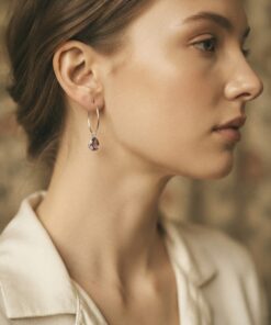 925 Sterling Silver Hoop Earrings with Amethyst Teardrop Charms~201