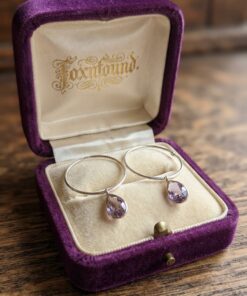 925 Sterling Silver Hoop Earrings with Amethyst Teardrop Charms~201