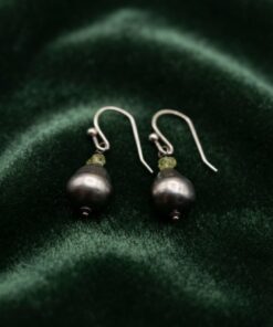 Sterling Silver 925 Baroque Pearl & Peridot Drop Earrings — Grey Pearl Hook Earrings~207
