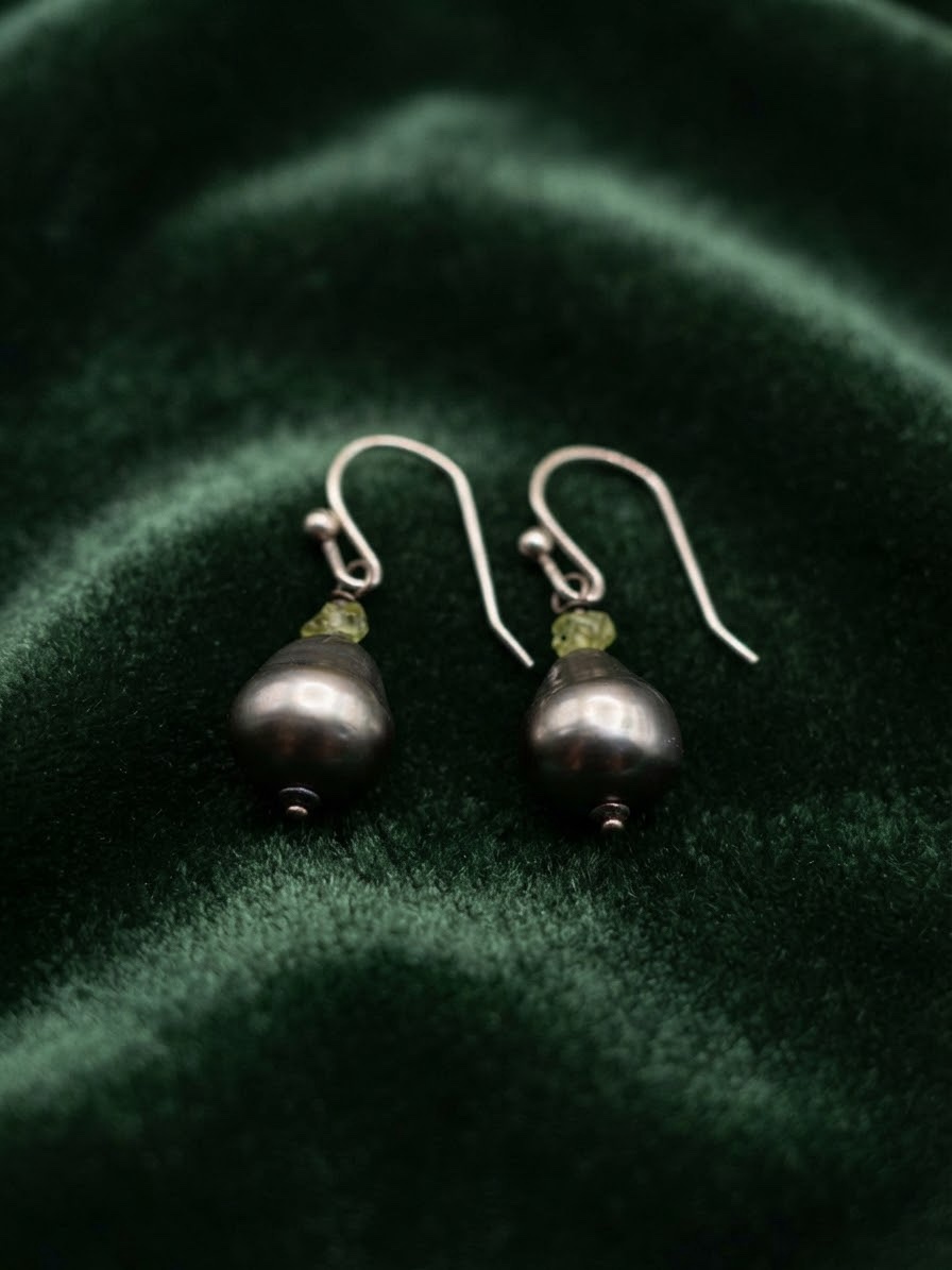 Sterling Silver 925 Baroque Pearl & Peridot Drop Earrings — Grey Pearl Hook Earrings~207