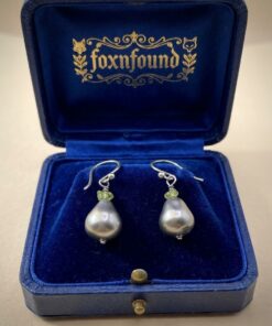 Sterling Silver 925 Baroque Pearl & Peridot Drop Earrings — Grey Pearl Hook Earrings~207