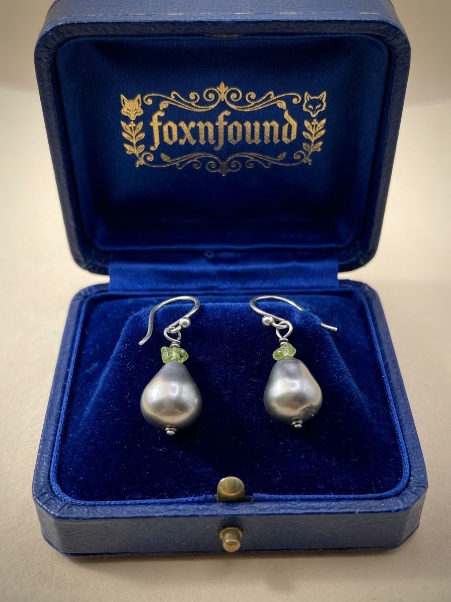Sterling Silver 925 Baroque Pearl & Peridot Drop Earrings — Grey Pearl Hook Earrings~207