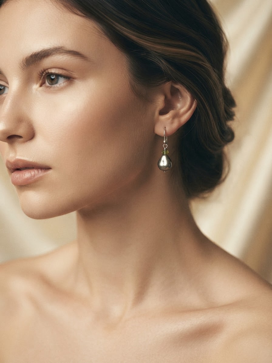 Sterling Silver 925 Baroque Pearl & Peridot Drop Earrings — Grey Pearl Hook Earrings~207